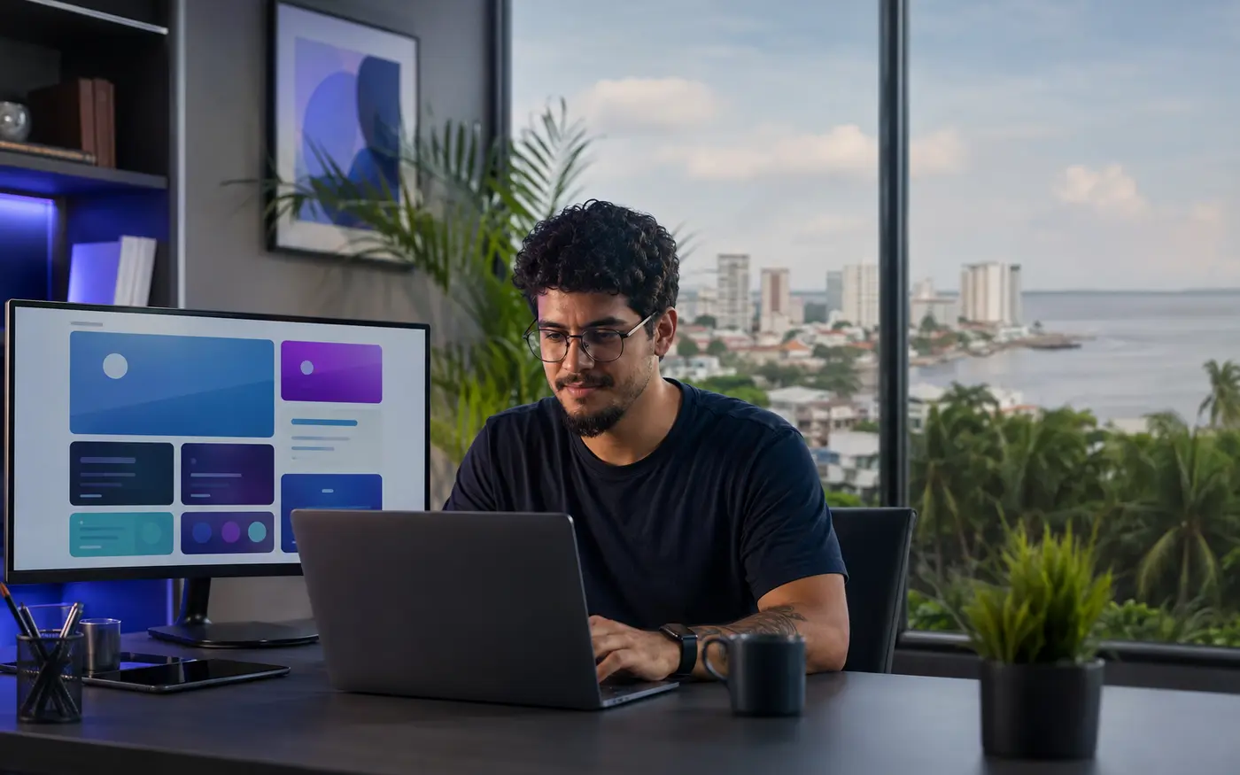 Web designer criando um site profissional com vista para a orla de Belém