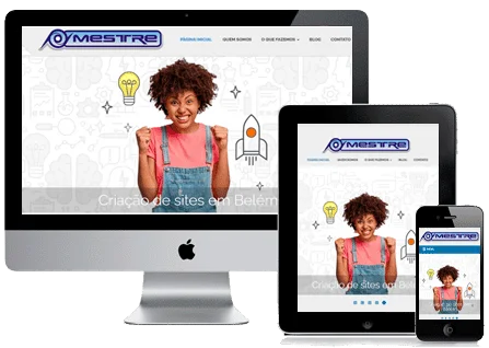 Site responsivo da OMestre em computador, tablet e celular
